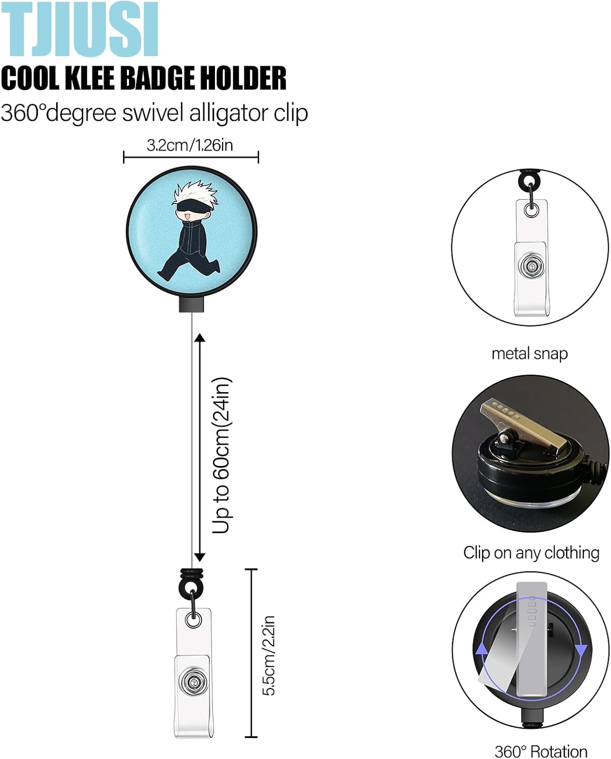 Soporte para insignia de anime con carrete retráctil, soporte para tarjeta de identificación de anime con clip retráctil con clip de cocodrilo Gojo