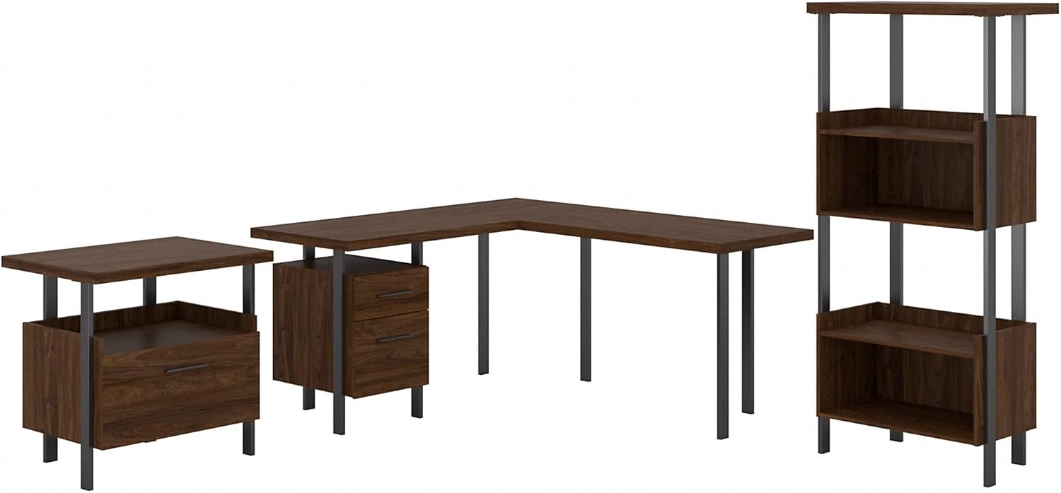 Bush Furniture Architect – Escritorio en forma de L con archivador lateral y estantería de 4 estantes, 60 W, nogal moderno