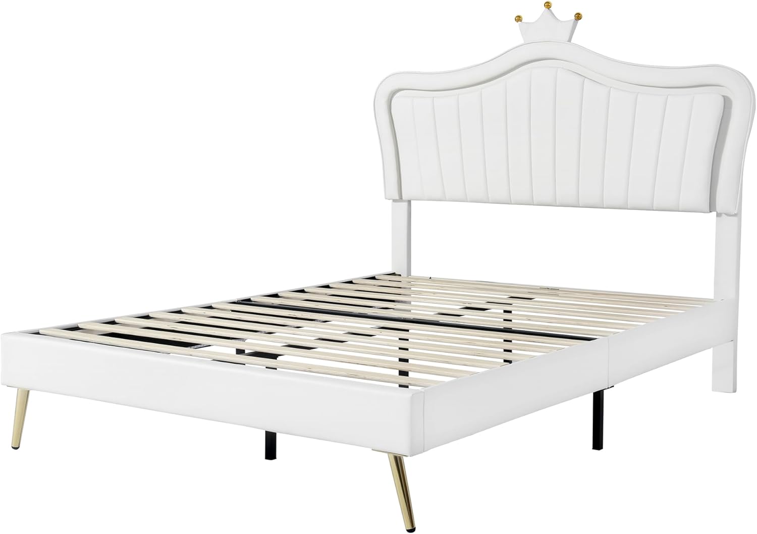 Cama de princesa tamaño Queen con luces LED, marco de cama para niños, con cabecero corona, plataforma tapizada para niños y adolescentes, no