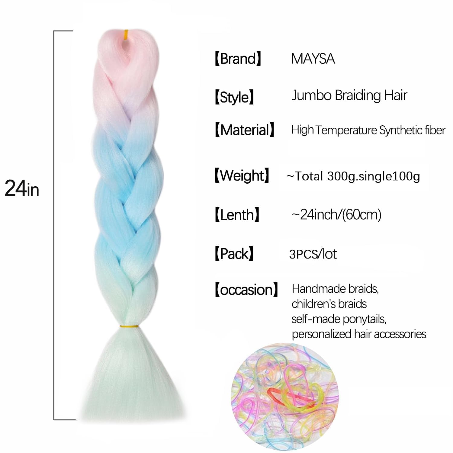 MAYSA Extensiones de cabello trenzado degradado rosa y verde, 24 pulgadas, 3 paquetes, sintético, colorido, preestirado, cabello trenzado jumbo,