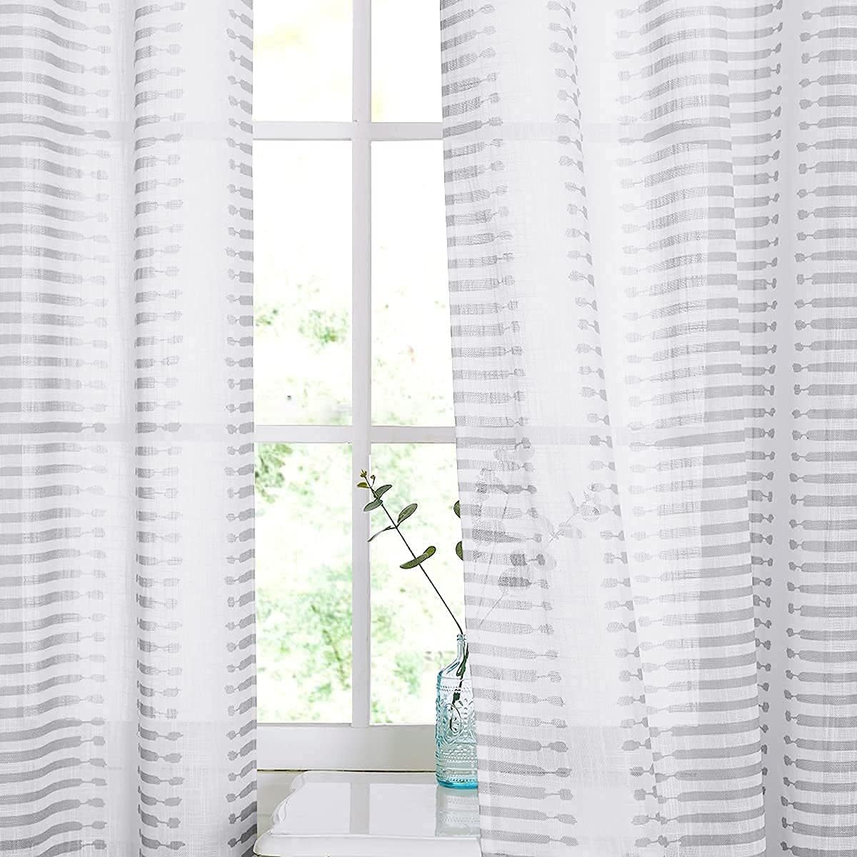 StangH Cortinas traslúcidas de lino para casa de campo, cortinas semitraslúcidas de privacidad con rayas grises impresas, cortinas de sentido