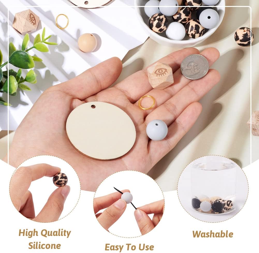 Kit de fabricación de pulseras de silicona, 64 cuentas redondas de silicona con 4 cuentas de madera octágonas con patrón de ojos, 4 colgantes de