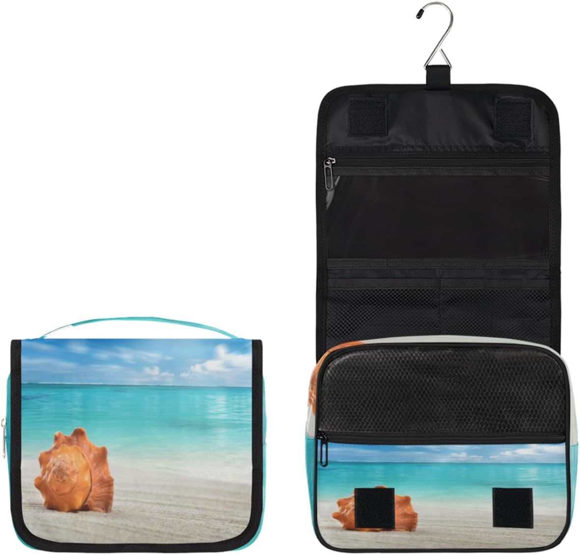 QsirBC Shell – Neceser de playa para mujer, organizador de maquillaje de viaje con gancho para colgar, bolsas de cosméticos de viaje para accesorios