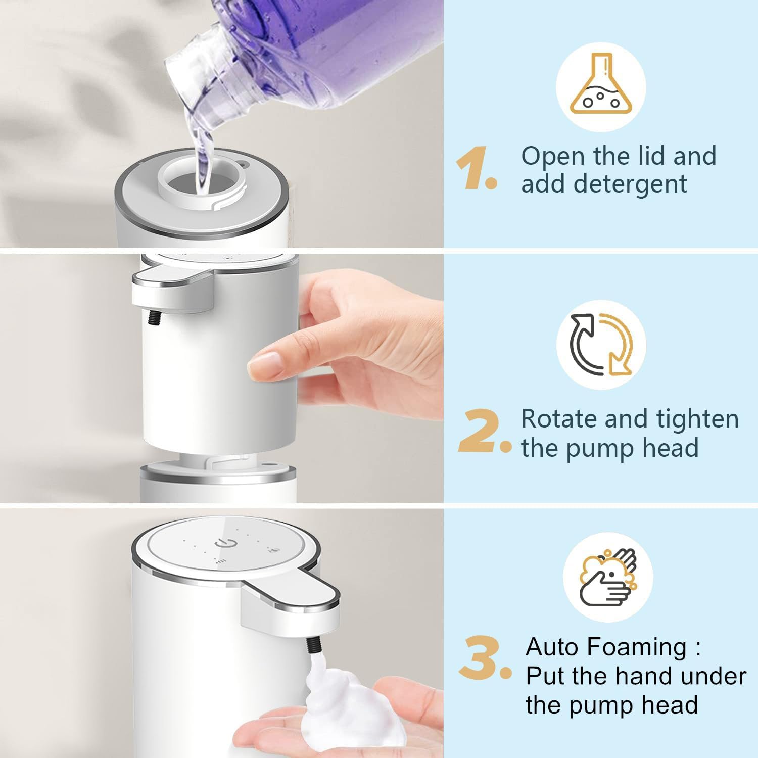 Dispensador automático de jabón espumoso, bomba de manos libres de 13.5 fl oz, dispensador de jabón eléctrico sin contacto, dispensador de jabón