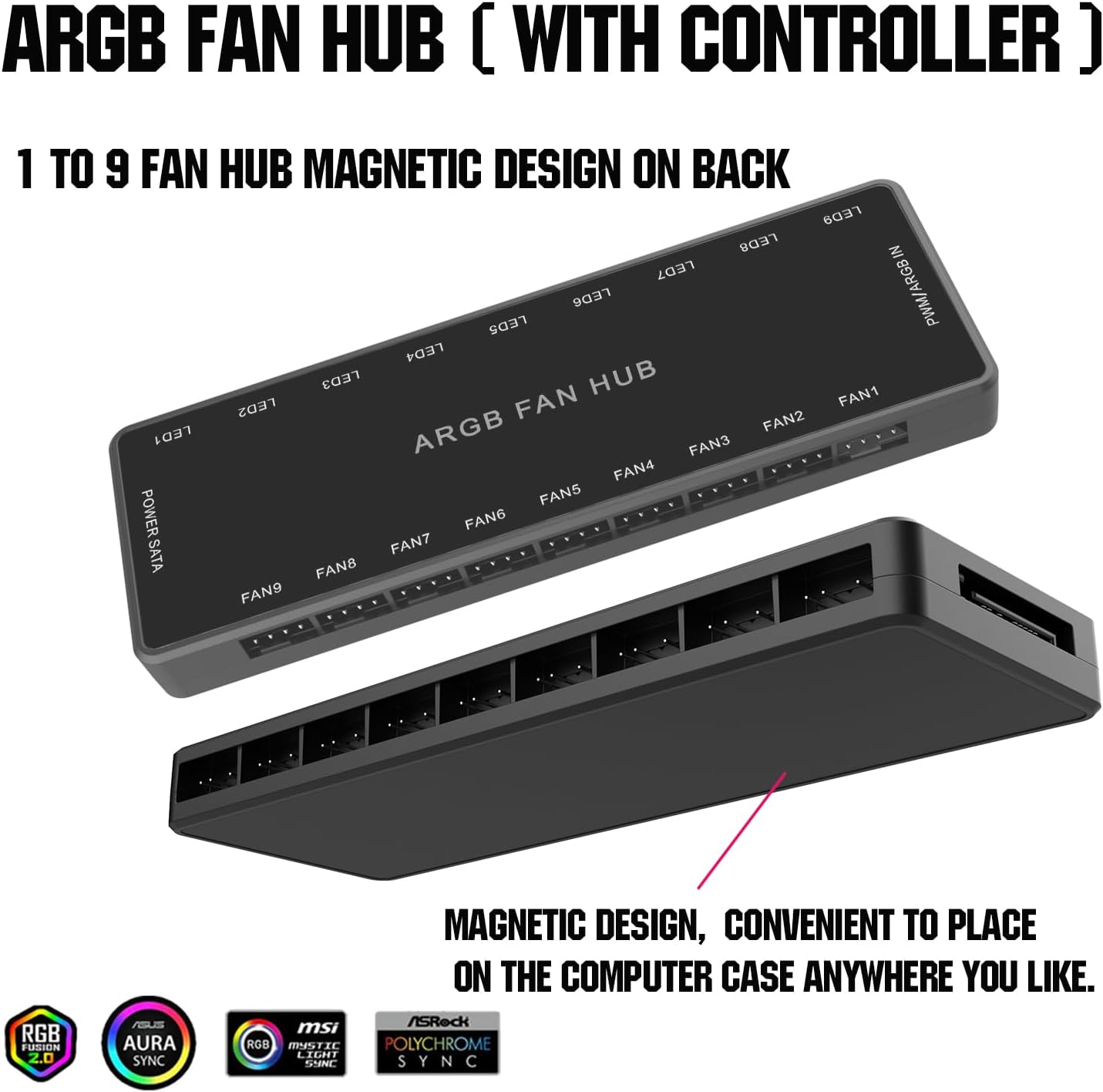 ARGB PWM Fan Hub, direccionable 5V-3PIN ARGB 12V 4PIN PWM 2 en 1 RGB Hub de ventilador con controlador y entrada de alimentación SATA, 9 puertos de