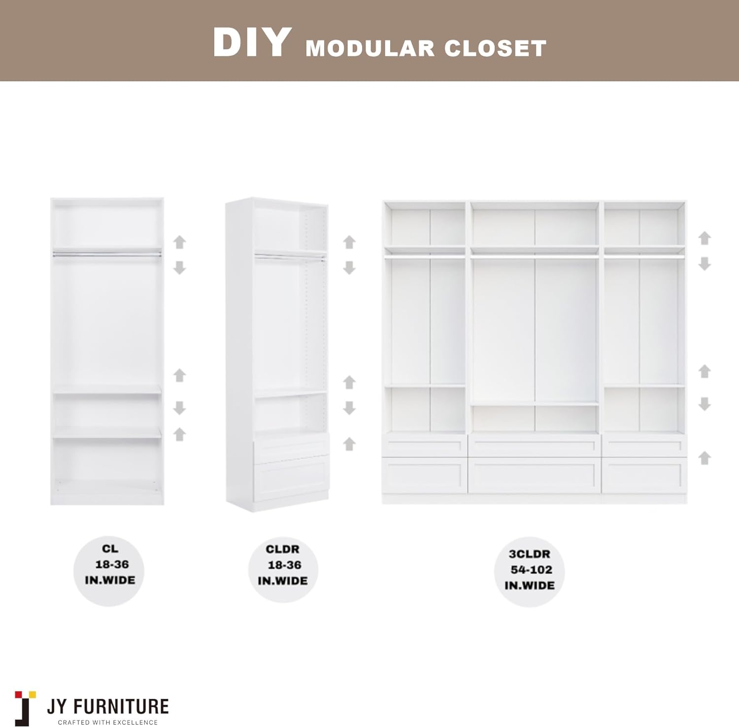 JY Furniture JYCL – Organizador de armario de madera, sistema modular de armario con 3 estantes ajustables y barra para colgar, 18-36 W, fácil de