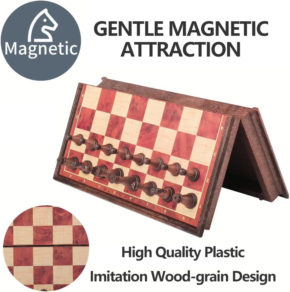 Juego de ajedrez de viaje magnético de 7.6 pulgadas, juego de ajedrez portátil de imitación de madera de imitación de plástico, tablero de ajedrez