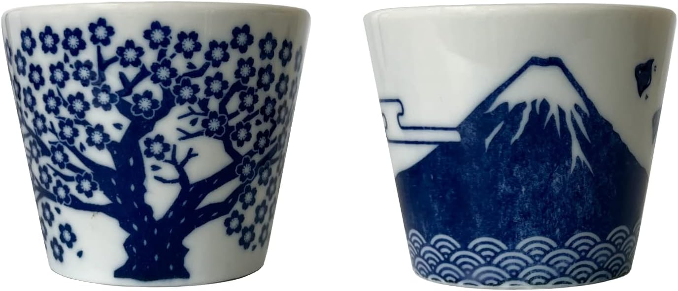 Juego de 2 tazas de sake japonesas – Sakura y Monte Fuji Design, cerámica de color índigo, 3.9 onzas líquidas, para bebidas frías y calientes, taza