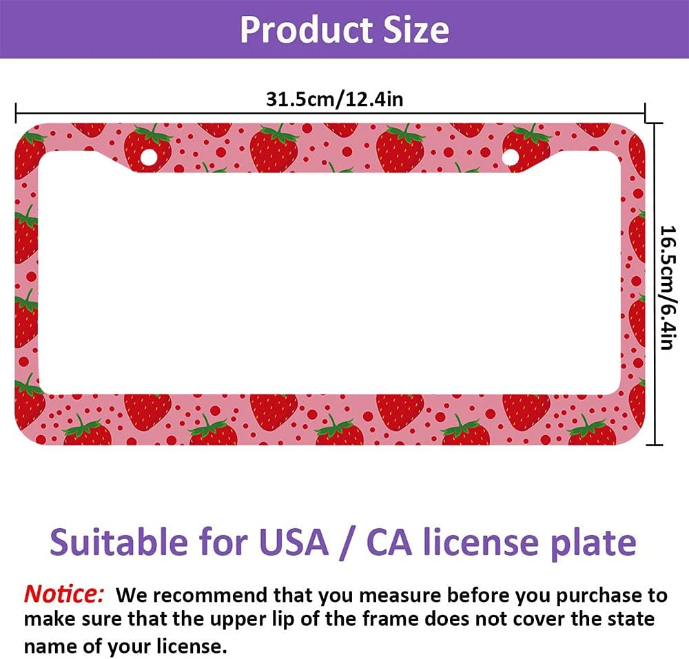 Beabes Lindo patrón de fresa fruta rosa soporte para placa de matrícula lunares marco rojo cubierta de placa de matrícula accesorios de coche 2