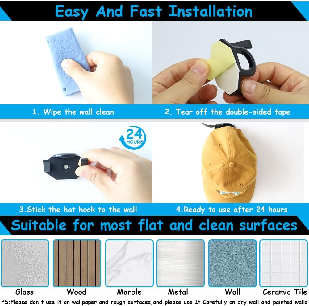 Aohcae Paquete de 16 percheros adhesivos para gorras de béisbol de pared, sin perforaciones, para organizador de sombreros de pared, ganchos