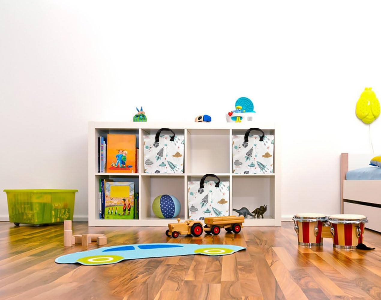 HKEC Cesta de almacenamiento rectangular con asas, caja de almacenamiento plegable para juguetes para niños, lindo contenedor organizador de lona
