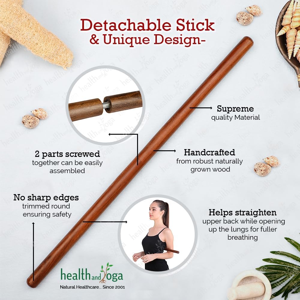 HealthAndYoga StretchNHeal – Palo de pranayama de madera multiusos con funda acolchada cómoda, abridor de pulmón para una respiración más completa,