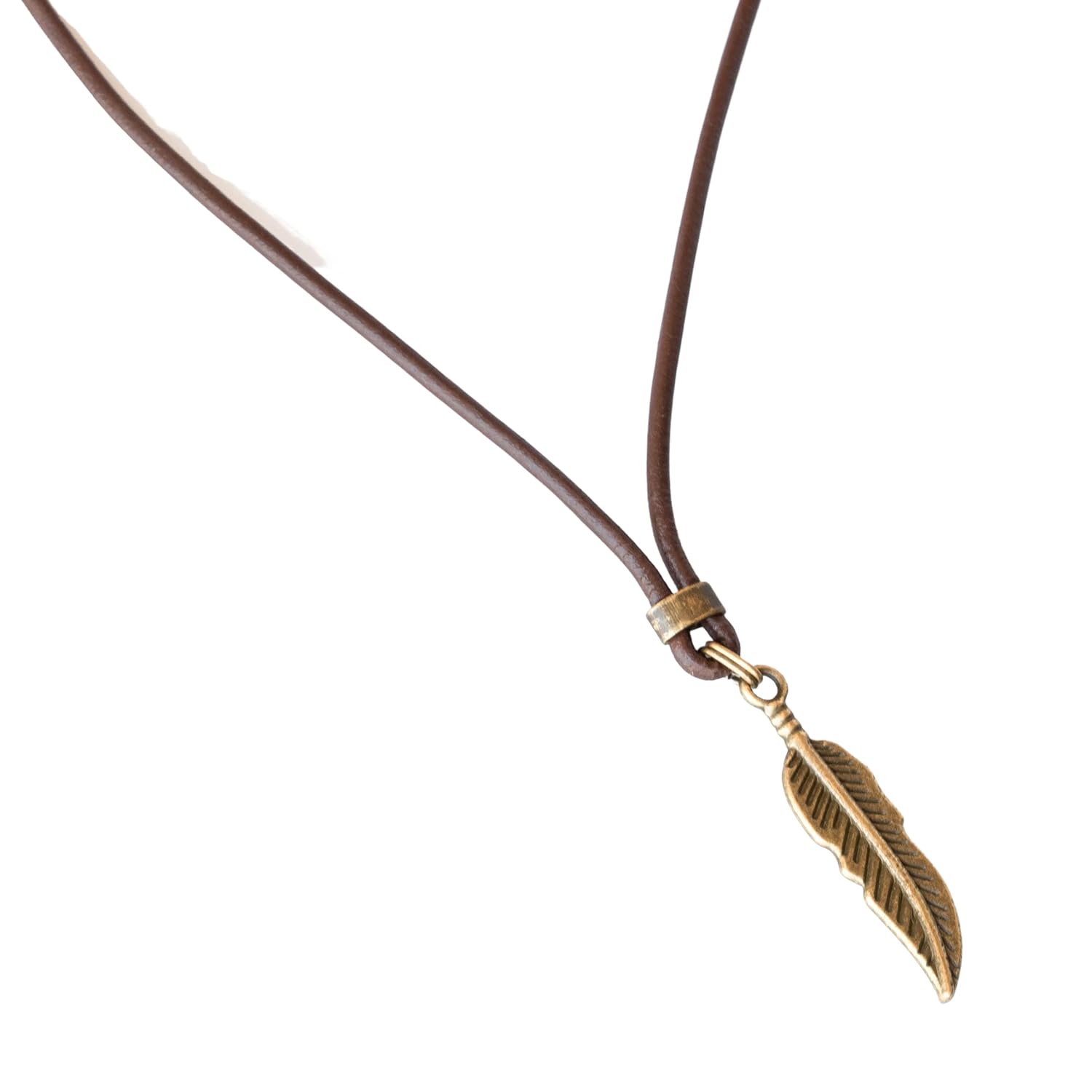 Men’s Feather Necklace, Short Brown Leather & Brass Pendant Choker Necklace for Men, Spiritual Nature Inspired Hippie Festival Choker for Men,