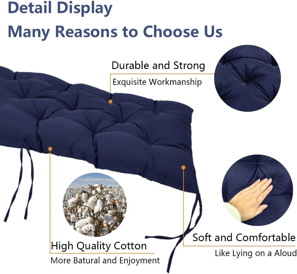 Cojín de banco para interiores y exteriores, impermeable, 47.3 x 19.7 pulgadas, cojín grueso para columpio de porche con lazos, cojines de patio