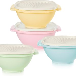 Tupperware Heritage Collection – Tazón de 5.25 tazas con tapa Starburst, paquete de 4 unidades, multicolor vintage, apto para lavavajillas y sin Tupperware Heritage Collection – Tazón de 5.25 tazas con tapa Starburst, paquete de 4 unidades, multicolor vintage, apto para lavavajillas y sin