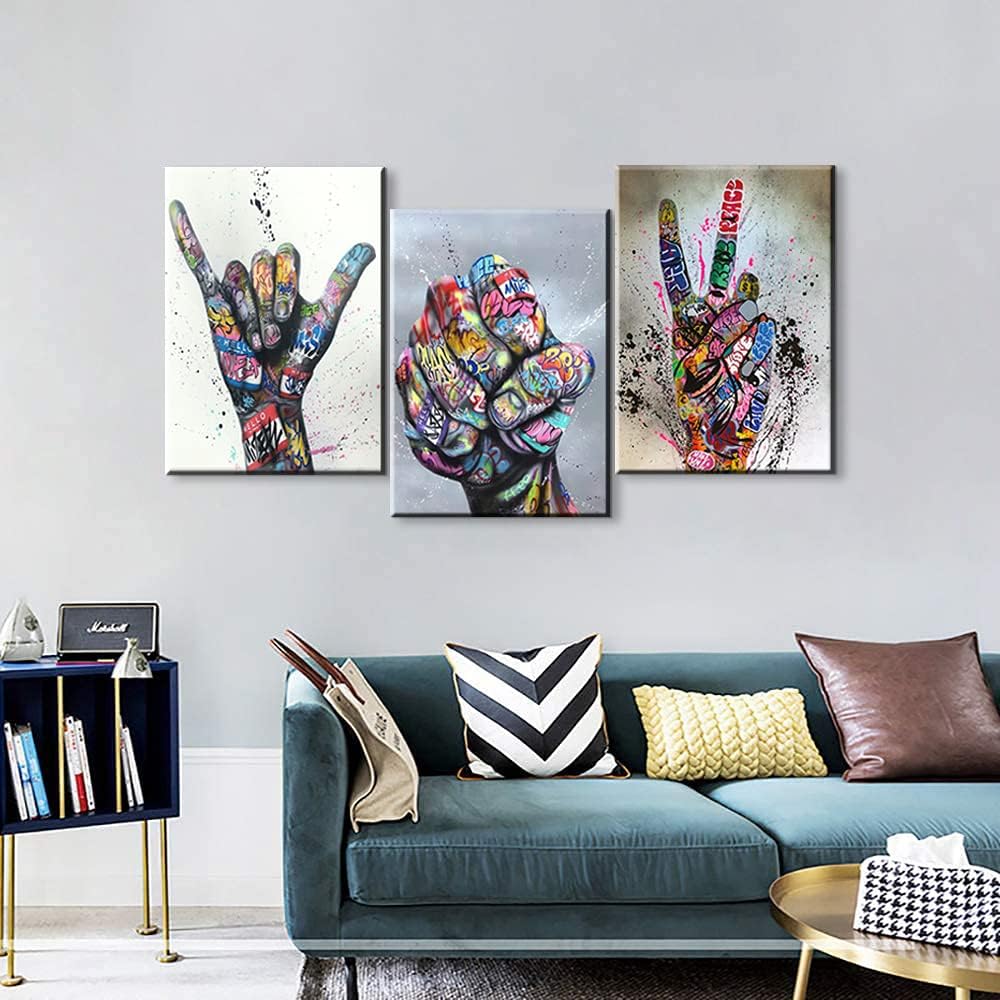 3 piezas de arte de pared de graffiti, arte de gesto de Shaka, colorido arte de pared, decoración de grafiti inspirador, puño inspirador, grafiti