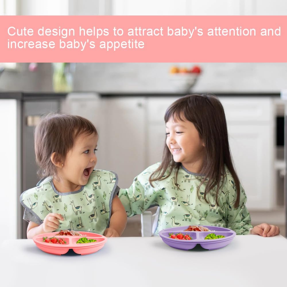 Vicloon Platos para niños pequeños, 2 platos de silicona para bebés, placas de succión sin BPA con tapas para bebés y niños pequeños, función de