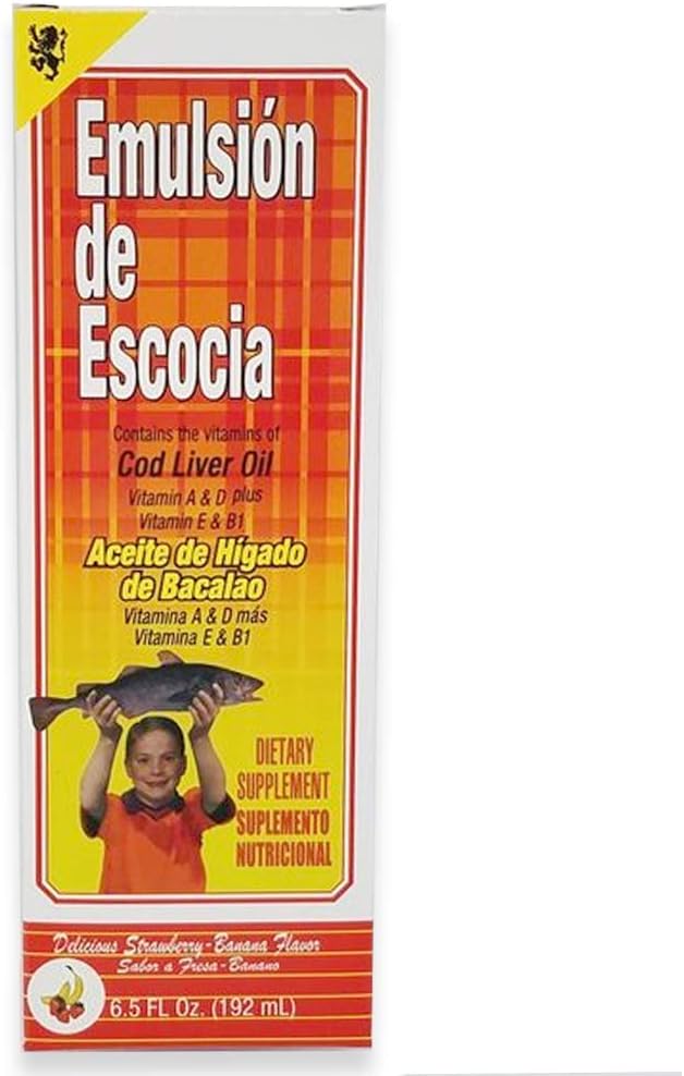Emulsión de Escocia. Suplemento dietético de aceite de hígado de bacalao. Rico en vitaminas A, D, E y B1. Sabor a fresa y plátano. 6.5 onzas