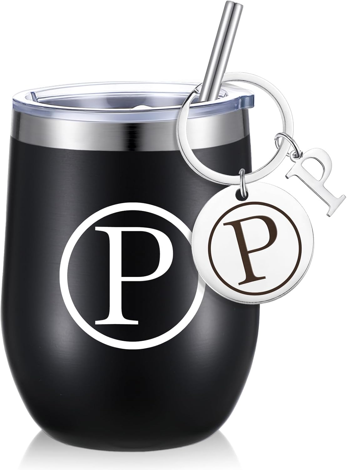 Dandat Vaso de vino personalizado, regalos con llavero personalizado, taza inicial de viaje de acero inoxidable negro de 12 onzas con tapa y popote