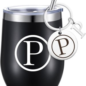 Dandat Vaso de vino personalizado, regalos con llavero personalizado, taza inicial de viaje de acero inoxidable negro de 12 onzas con tapa y popote Dandat Vaso de vino personalizado, regalos con llavero personalizado, taza inicial de viaje de acero inoxidable negro de 12 onzas con tapa y popote