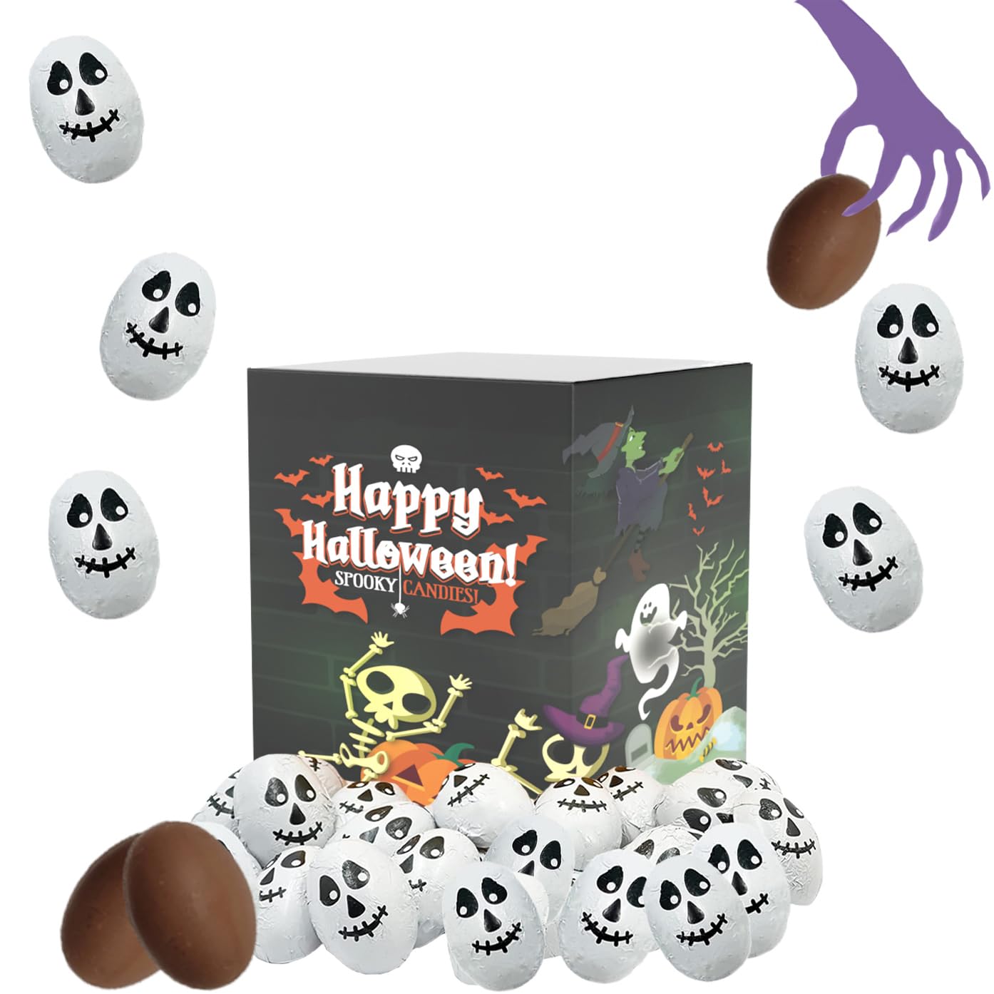 Surtidos de chocolate misterioso de Halloween, rellenos de bolsas de fiesta de truco o trato, láminas espeluznantes de diseño de Halloween, lácteos