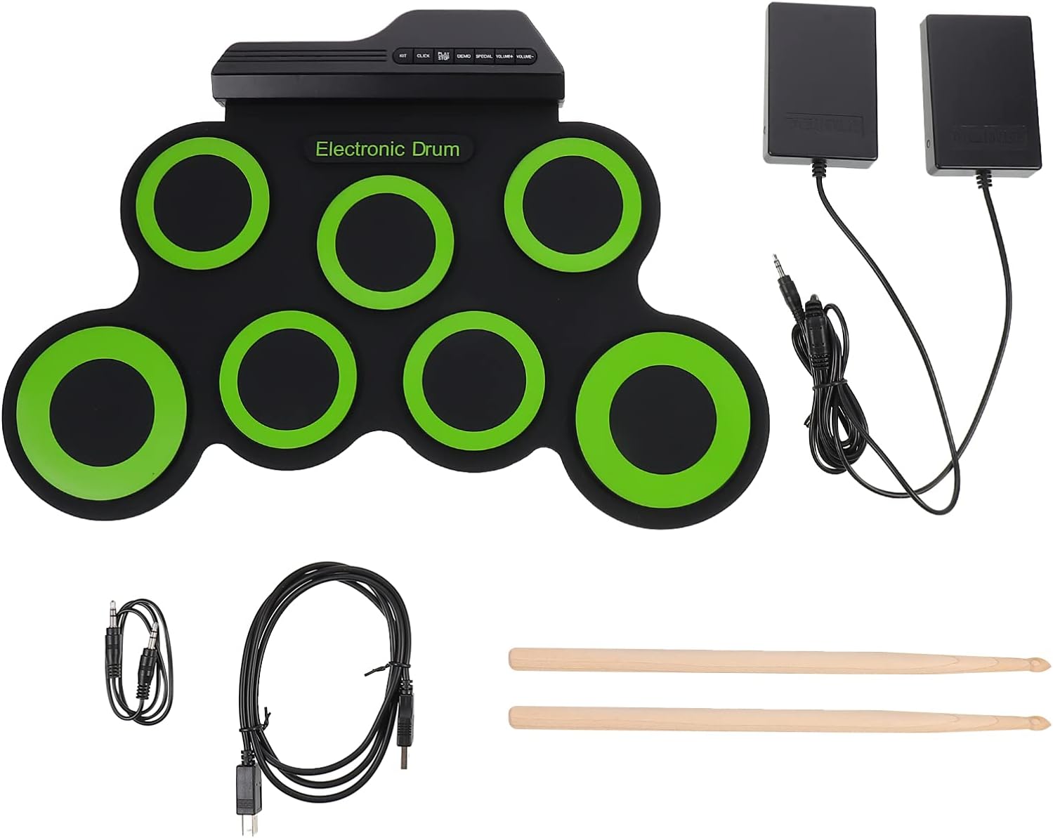Generic Juego de batería electrónica portátil, almohadilla de práctica enrollable midi, kit de batería con pedales de pie de gato, 10 horas de