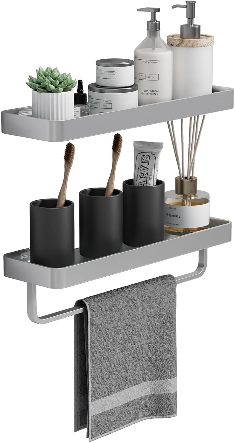 Bathroom Shelf Glass Bathroom Shelves Wall Mounted Rectangular Floating Shelves for Wall Decor Bathroom Organizer Matte Silver Set