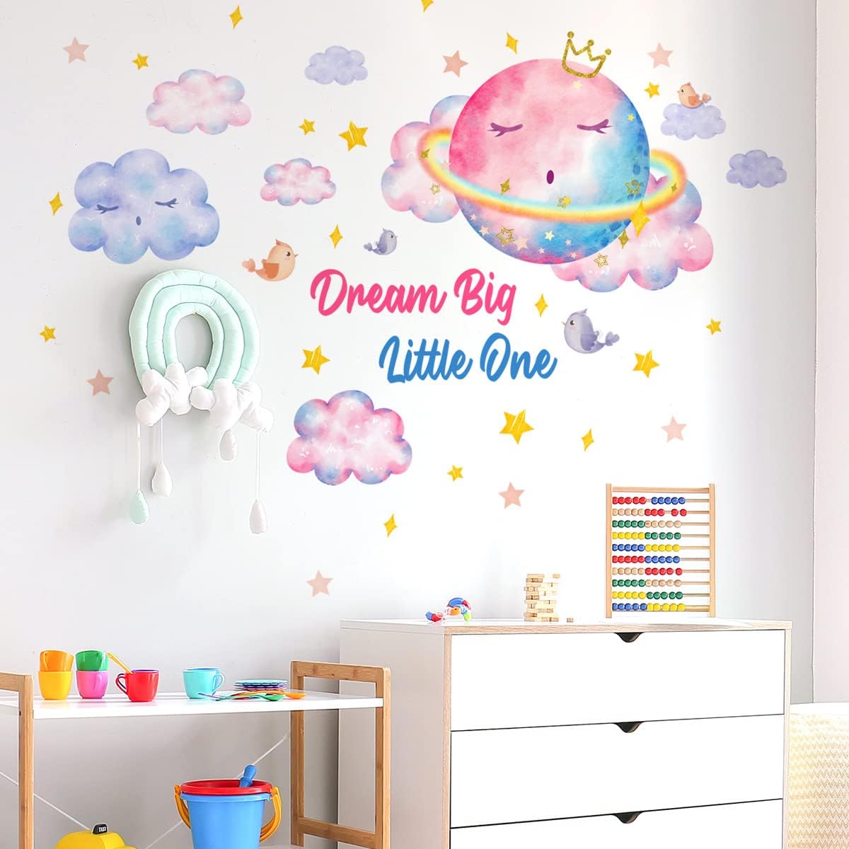 Dream Big Little One Planet – Calcomanías de pared para niños, coloridas estrellas de nube, calcomanías de pared para dormitorio de niñas, sala de