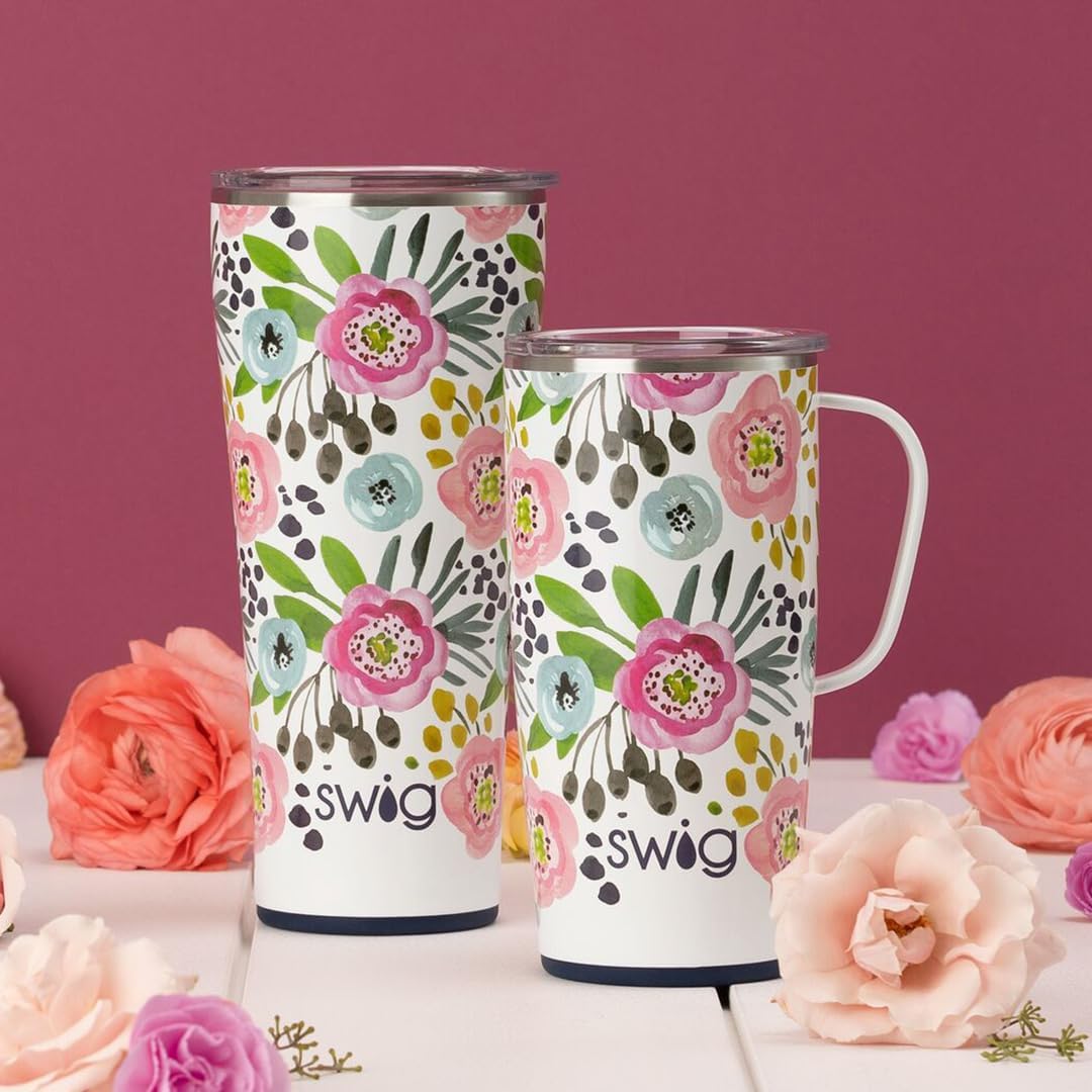 Swig Life Primrose XL – Juego de taza de viaje de 22 onzas con asa y tapa + vaso con triple aislamiento de 32 onzas con tapa, acero inoxidable, apto