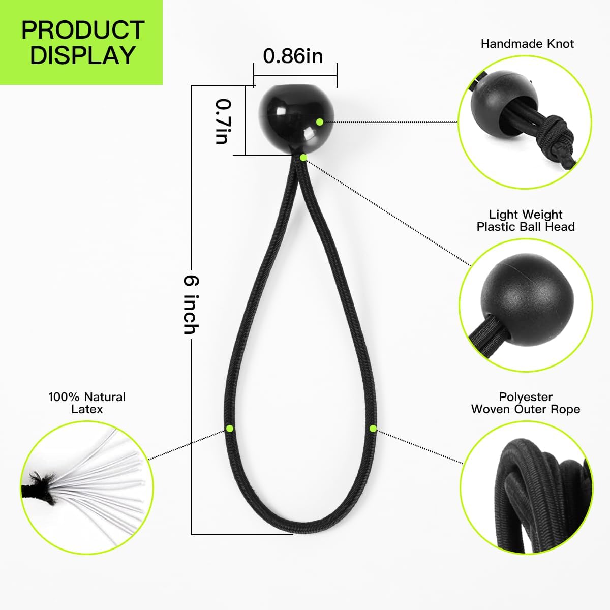 Cuerdas elásticas de bolas de 6 pulgadas con bolas, 30 unidades de cuerdas elásticas resistentes para toldo, lona, pelotas elásticas para camping,