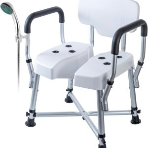 MyGift Silla higiénica ajustable de grado profesional para ducha y bañera con cojín recortado, respaldo de asiento y reposabrazos de agarre MyGift Silla higiénica ajustable de grado profesional para ducha y bañera con cojín recortado, respaldo de asiento y reposabrazos de agarre