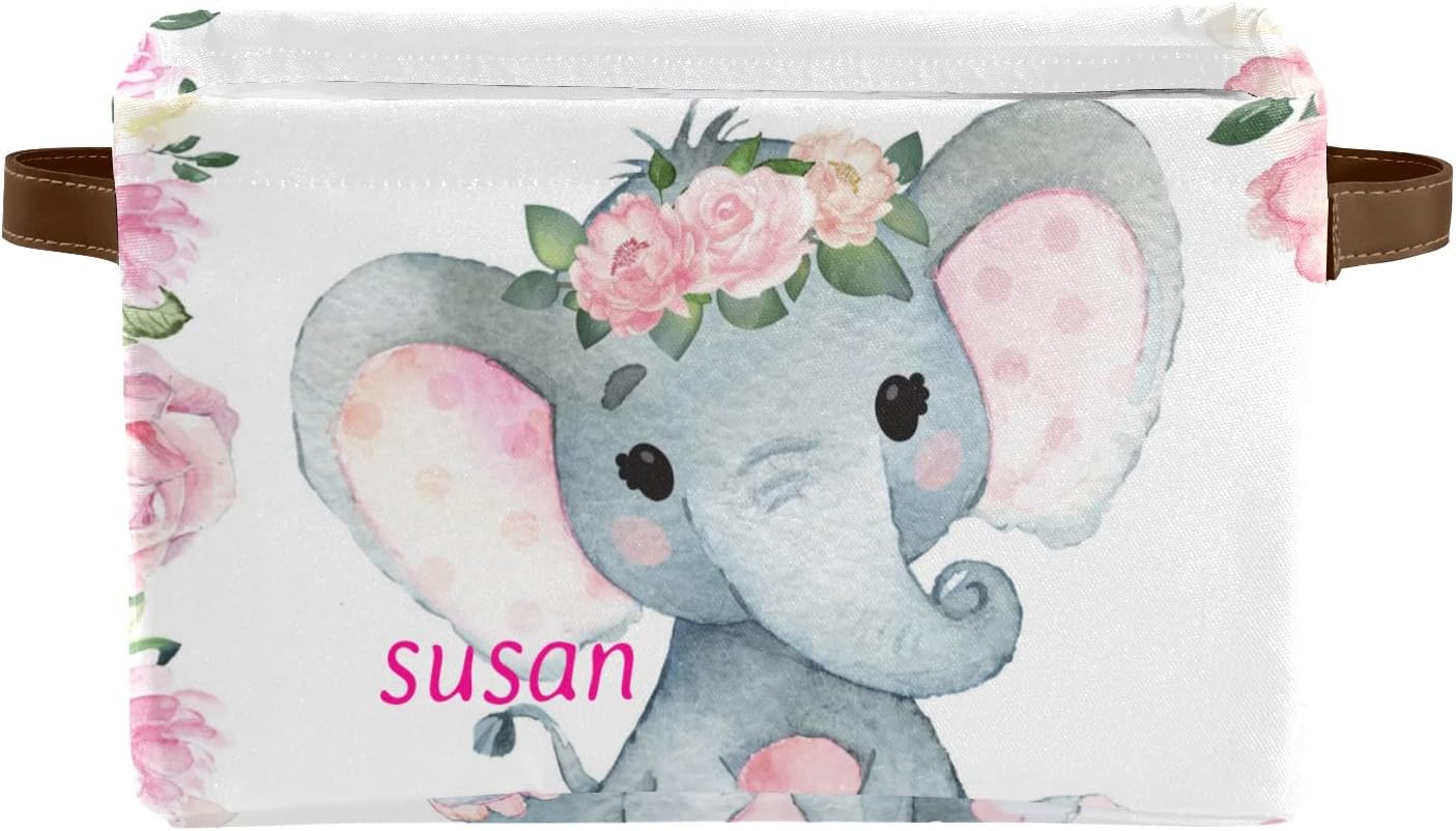 Contenedor de almacenamiento personalizado con diseño floral rosa de elefante bebé con nombre, impermeable, con asas, para cestas de regalo, bolsa