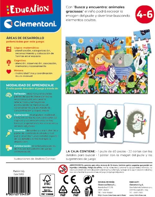 Clementoni – Search & Find Funny Animals Educational Toy, Multicolor, Medium (55453)