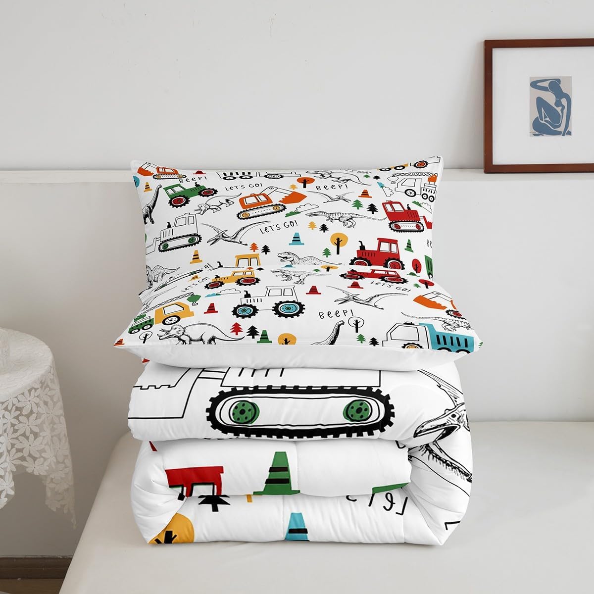 Feelyou Juego de ropa de cama de construcción, tamaño individual, juego de edredón de dinosaurio de la selva, equipo de camiones, juego de edredón