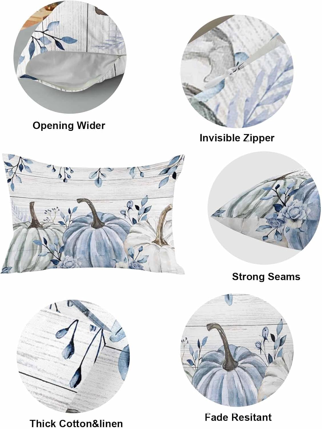 Cotton Throw Pillow Covers Reversible Set of 2, Pumpkin Blue Tree Leaves Floral Fall Soft Couch Pillow Covers for Sofa Bedroom Living Room 12 x 20