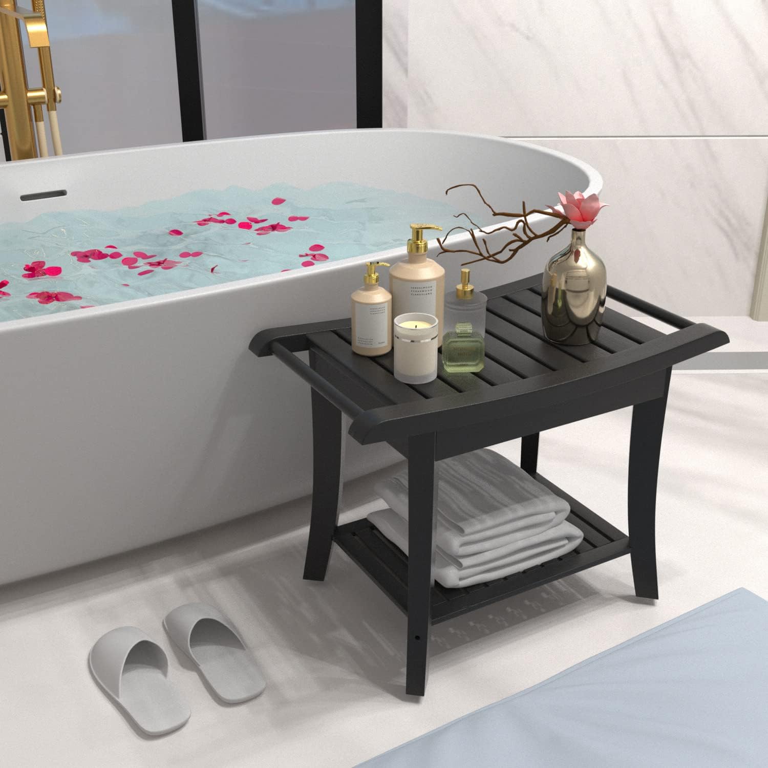 Taburete de ducha de bambú impermeable con estante de almacenamiento para afeitarse las piernas o asiento de baño de spa en el baño y ducha interior