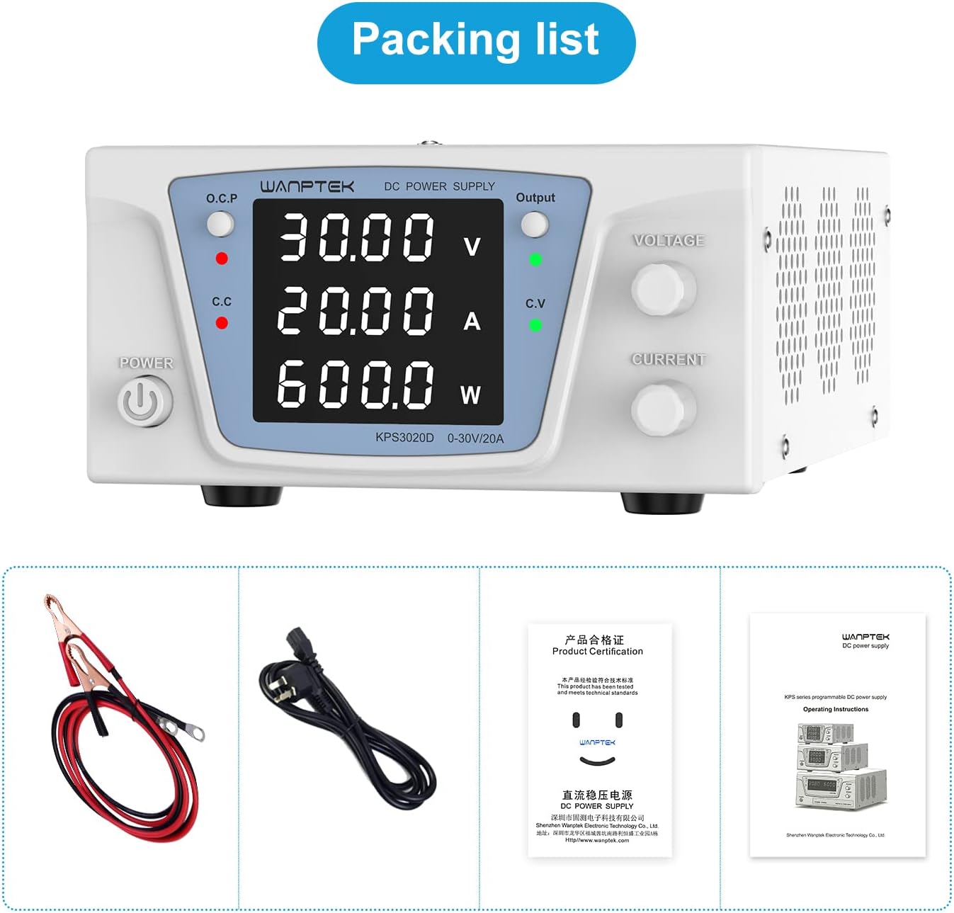 Fuente de alimentación CC variable 30V 20A 600W, fuente de alimentación de banco con perillas de ajuste precisas del codificador, fuente de