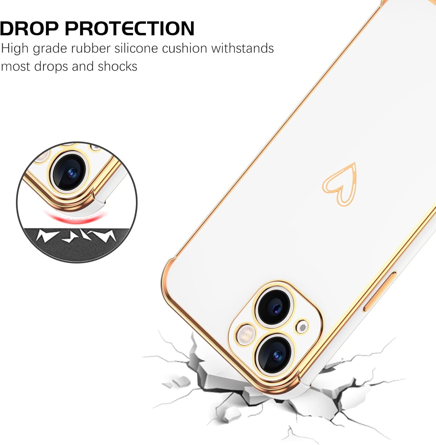 DOMAVER Funda para iPhone 13, diseño de corazón dorado de lujo para mujeres y niñas, protector completo de cámara a prueba de golpes, cubierta
