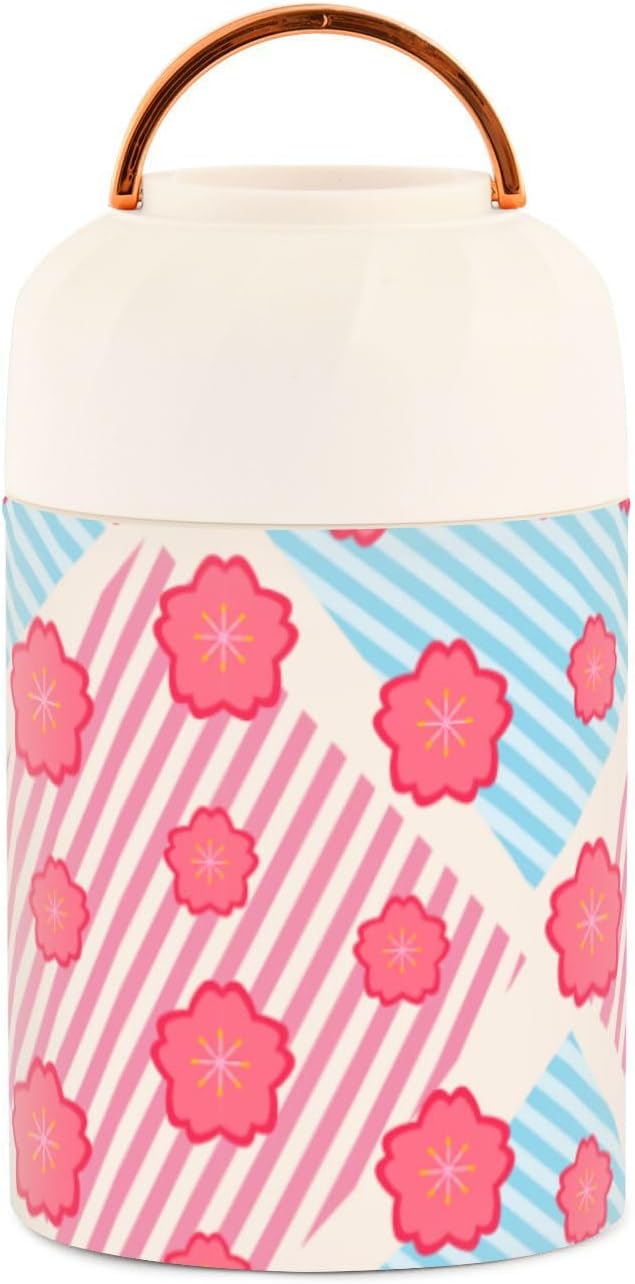 Pink Flowers Strip Boho Kids Womens Insulated Food Jar Container with Spoon 17oz500ml Soup Containers With Lids Stainless Steel Vacuum Keep Warm