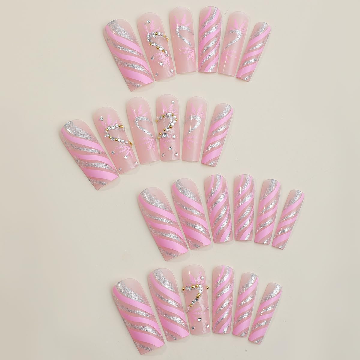 Uñas postizas extralargas cuadradas con forma de tubo, uñas acrílicas rosas con purpurina y líneas blancas y diamantes de imitación, diseños de