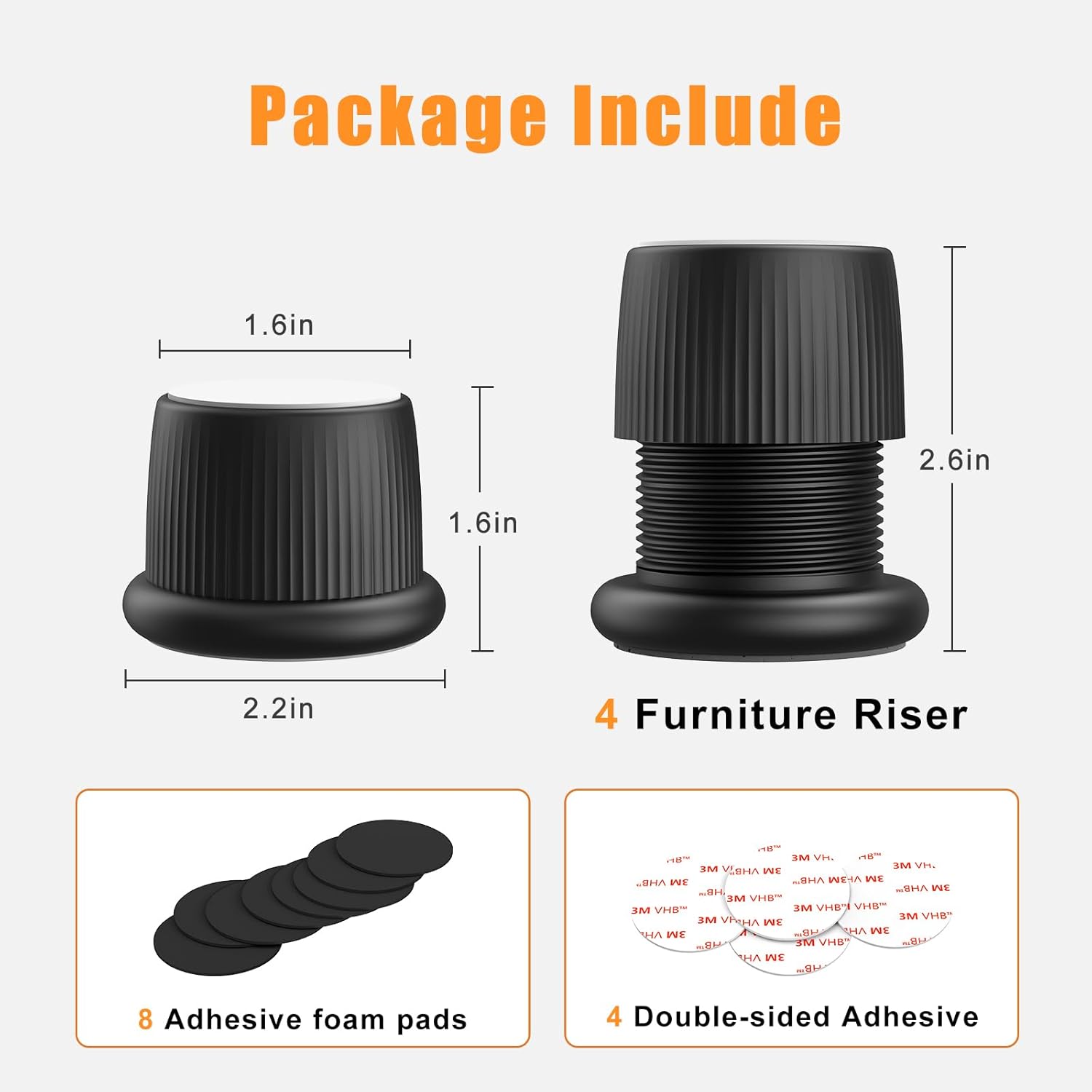 Elevadores ajustables de cama para muebles, de 1.6 a 2.6 pulgadas, color negro, plástico duradero, antideslizantes, de 2 pulgadas, tapón de cabecera
