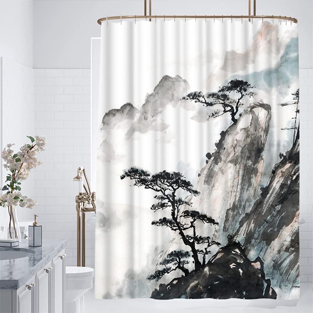 Wallall Cortina de baño con pico de montaña y pino, cortina de baño de paisaje natural, cortina de baño china tradicional con acuarela, juego de