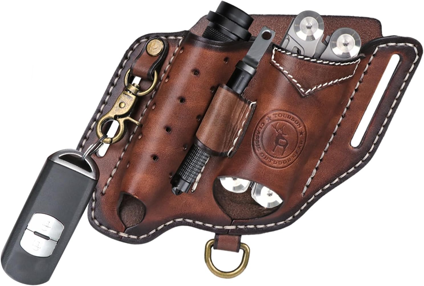 Tourbon Funda multiherramienta de cuero para cinturón compacto EDC bolsa organizador de bolsillo para hombres con funda de linterna soporte para