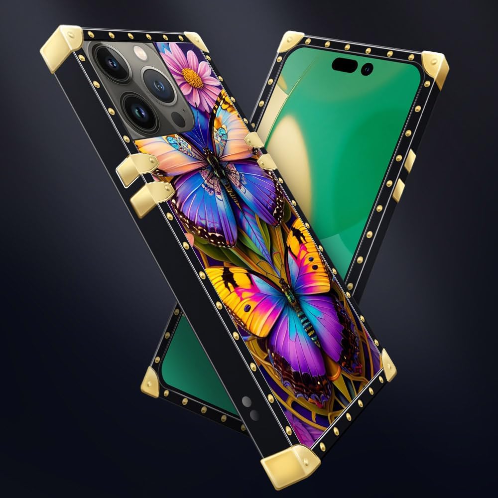 Funda cuadrada compatible con iPhone 15 Pro Max (6.7 pulgadas), hermosa mariposa Flosers dorada, de lujo, suave TPU duro, parte trasera de