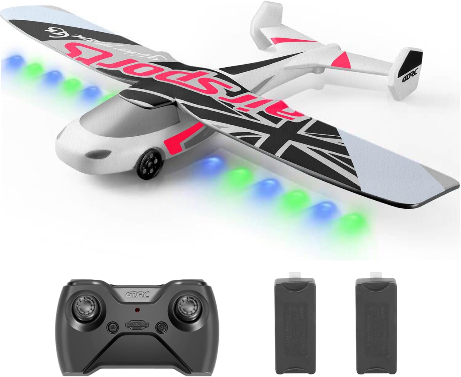 Avión RC, avión de control remoto de 2.4 GHz, vuelo con 2 baterías y hélice estabilizador giroscópico de 6 ejes, luz azul y verde, fácil de volar
