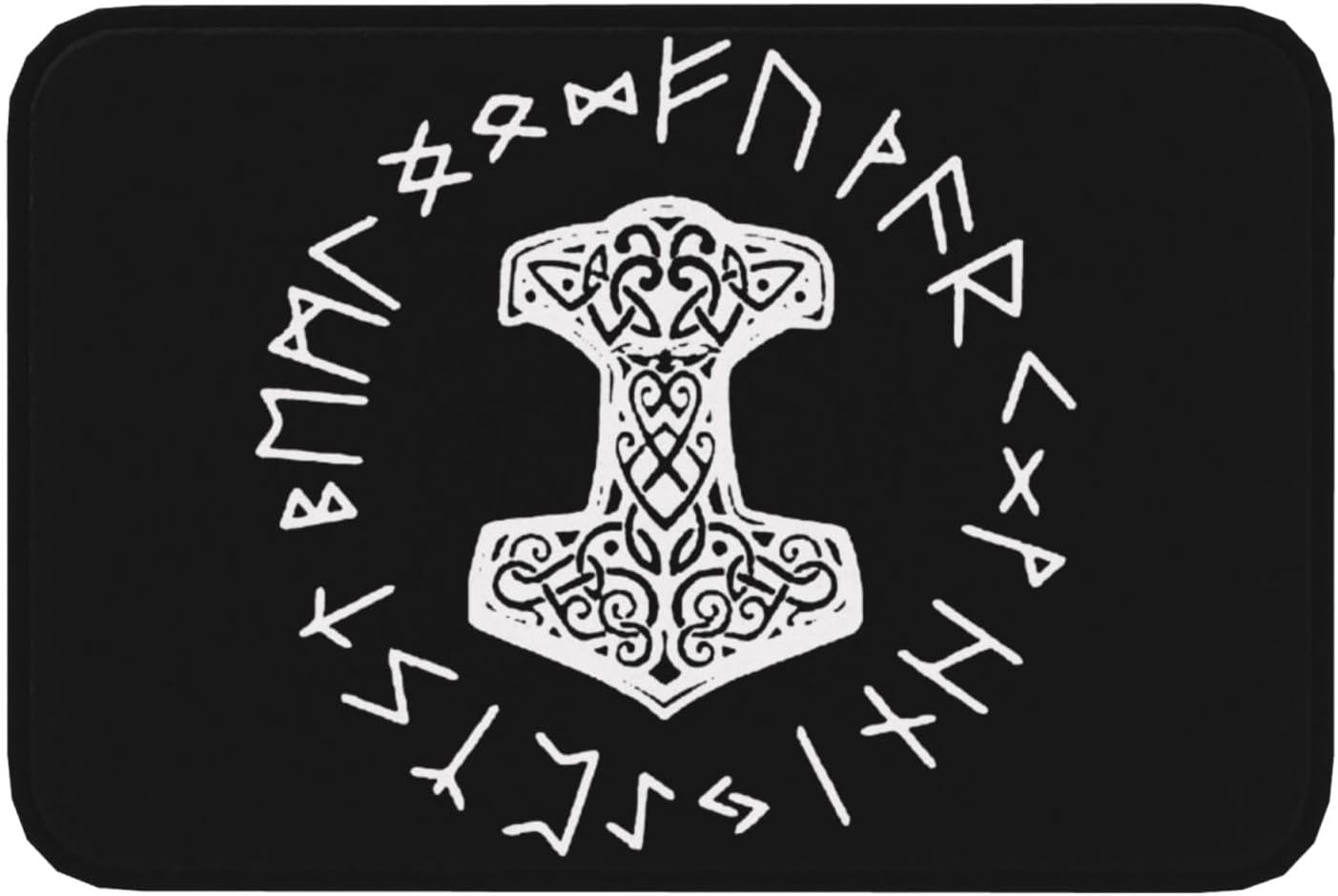 Vikings Mjolnir and Rune Wheel – Felpudo de interior con símbolo de mitología nórdica, alfombra de entrada para puerta de baño, 24 x 16 pulgadas