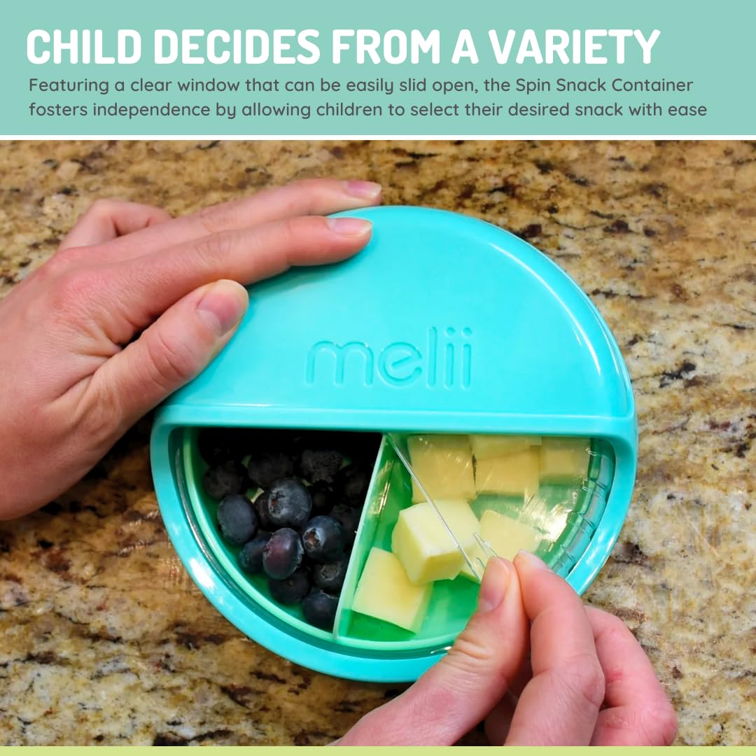 melii Contenedor giratorio para aperitivos, almacenamiento de alimentos para niños, sin BPA, apto para lavavajillas, 3 compartimentos (azul)