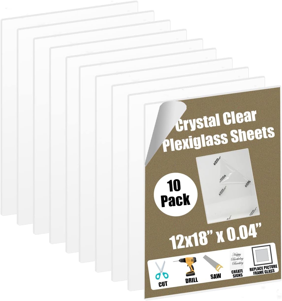 Paquete de 10 paneles de láminas de plástico PET de calidad de plexiglás de 12 x 18 pulgadas x 0.04 pulgadas, alternativa ligera e inastillable al