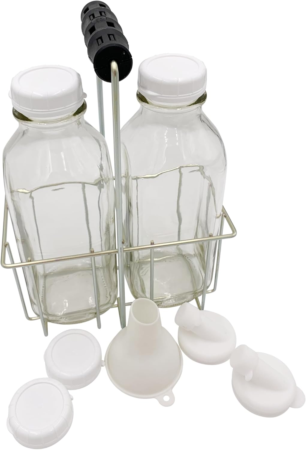 The Dairy Shoppe – Botellas de leche de vidrio pesado, tapas adicionales, boquillas de silicona, embudo de silicona, dispensador de jarra de leche