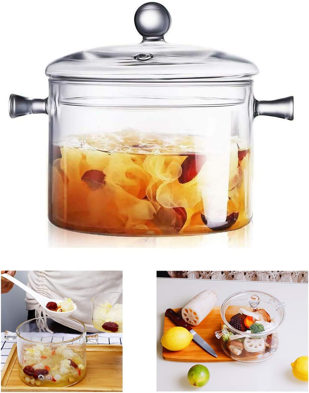 Cacerola de vidrio con tapa y tapa  1.5L50 oz resistente al calor de vidrio de borosilicato hecho a mano, juego de utensilios de cocina para estufa,